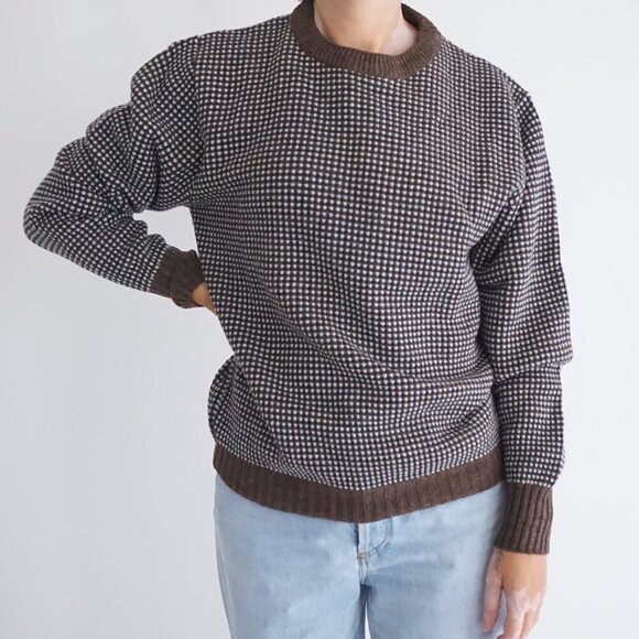 Sweaters - Vintage Damo Brown Micro Check Knit Textured Crewneck Pullover Sweater Neutral M
